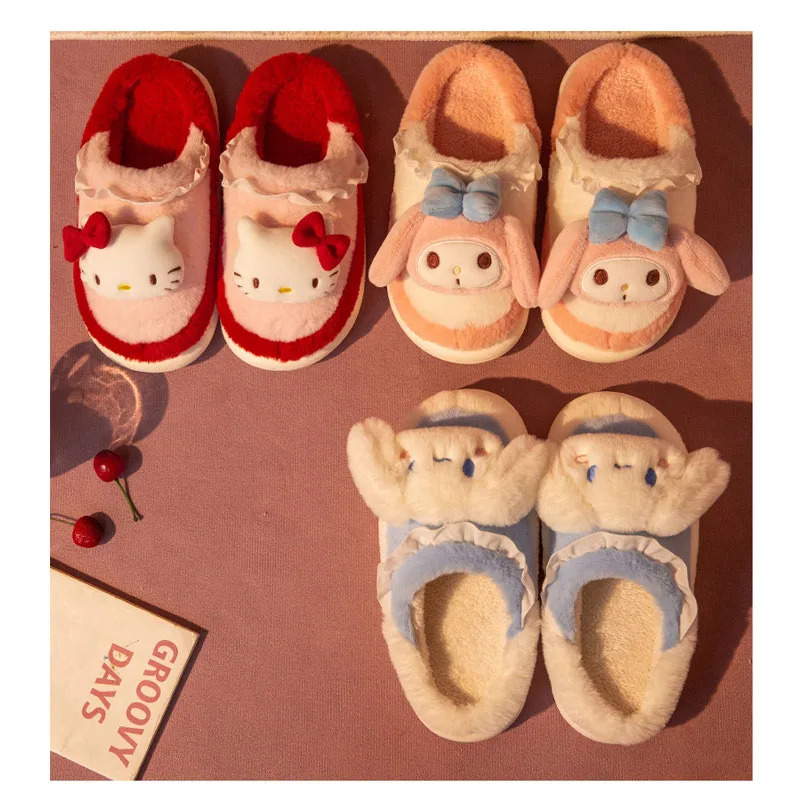 

Sanrioed аниме Cinnamoroll Melody плюшевые тапочки для женщин и девочек модные кавайные зимние теплые тапочки мультяшная обувь рождественские подарки