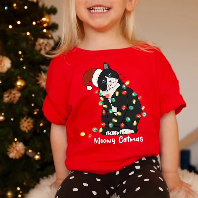 

2022 Summer Meowy Catmas Christmas Animal Print Boys Girls New Toddler T-Shirts Comfortable Cartoon Tops Children's Clothing