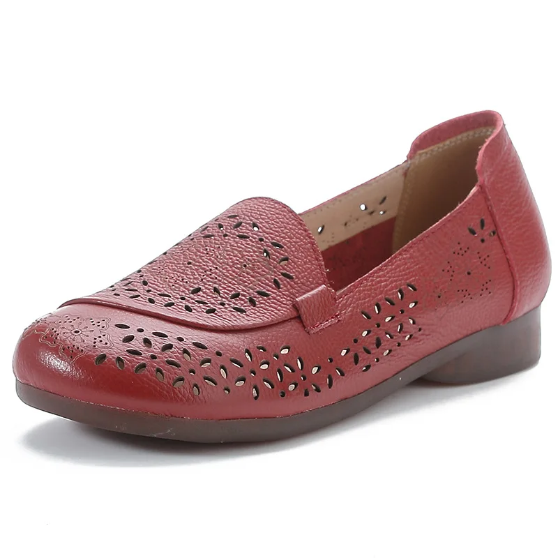Red flats shoes women's summer cutout loafers woman slip on ballet flats breathable shoes driving moccasins mom flat walk shoes