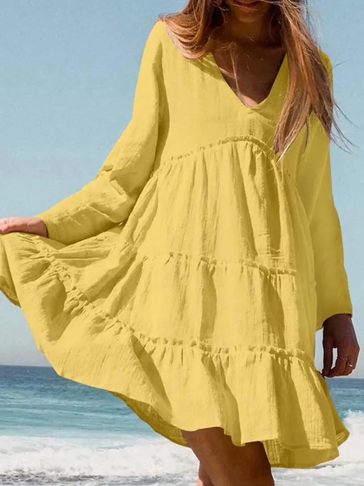 

ZANZEA Summer Fashion Women V Neck Long Sleeve Beach Sundress Casual Loose Solid Party Vestidos Robe Holiday Ruffles Mini Dress