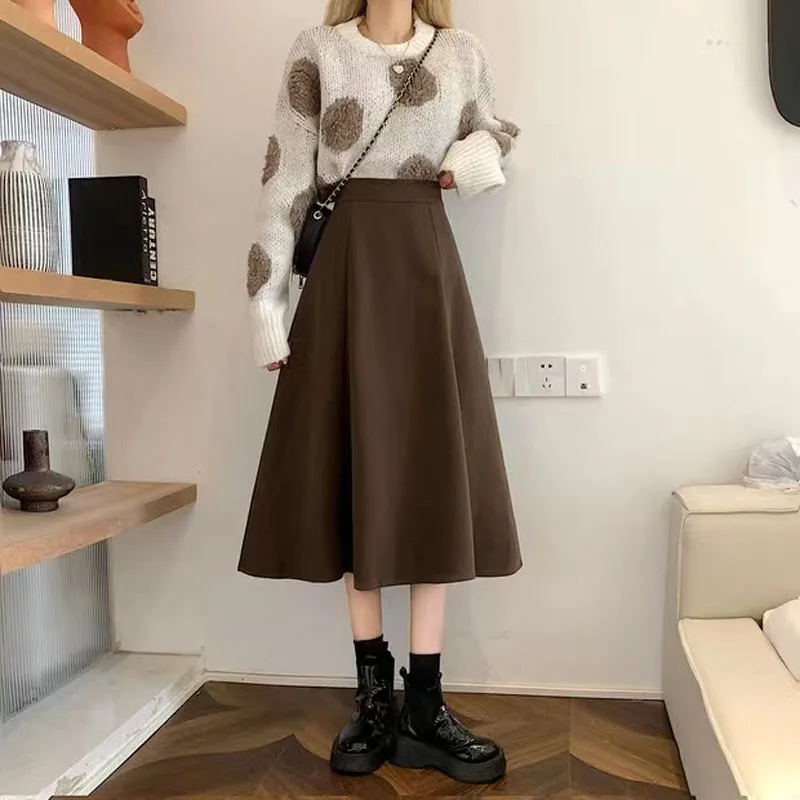 

Женская шерстяная юбка с завышенной талией, однотонная Повседневная трапециевидная юбка средней длины на молнии, весна 2022