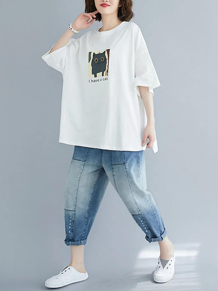 

Summer Cute Cat Printing T-Shirts For Women Cotton Casual Loose Cartoon Popular Short Sleeve Simple Female Pullovers Tops Tees