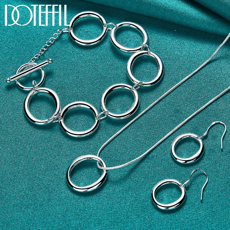 

DOTEFFIL 3pcs 925 Sterling Silver Round Circle O Earring Necklace Bracelet Set For Woman Man Wedding Engagement Fashion Jewelry