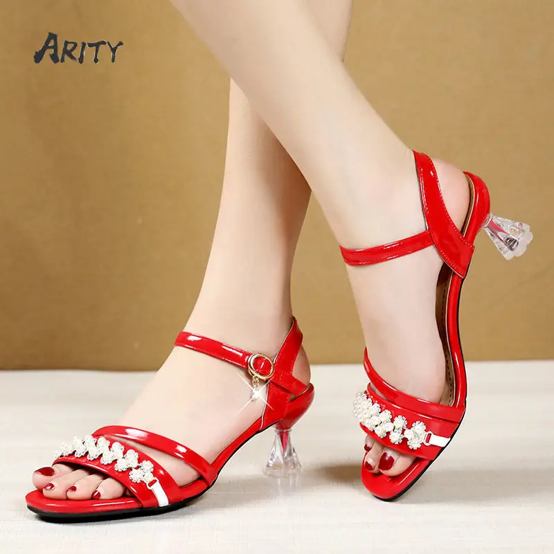 

Korean 2022 New Women Sandals Mid-heel Stiletto Rhinestone Pearl One-word Buckle Fashion All-match Open-toe Back Empty Sandals