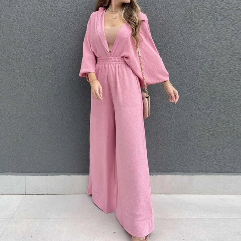 

Simple Casual Solid Soft Homewear Suit Spring V Neck Top Cardigan and Straight Pants Outfits Autumn Long Sleeve Loose Women Sets