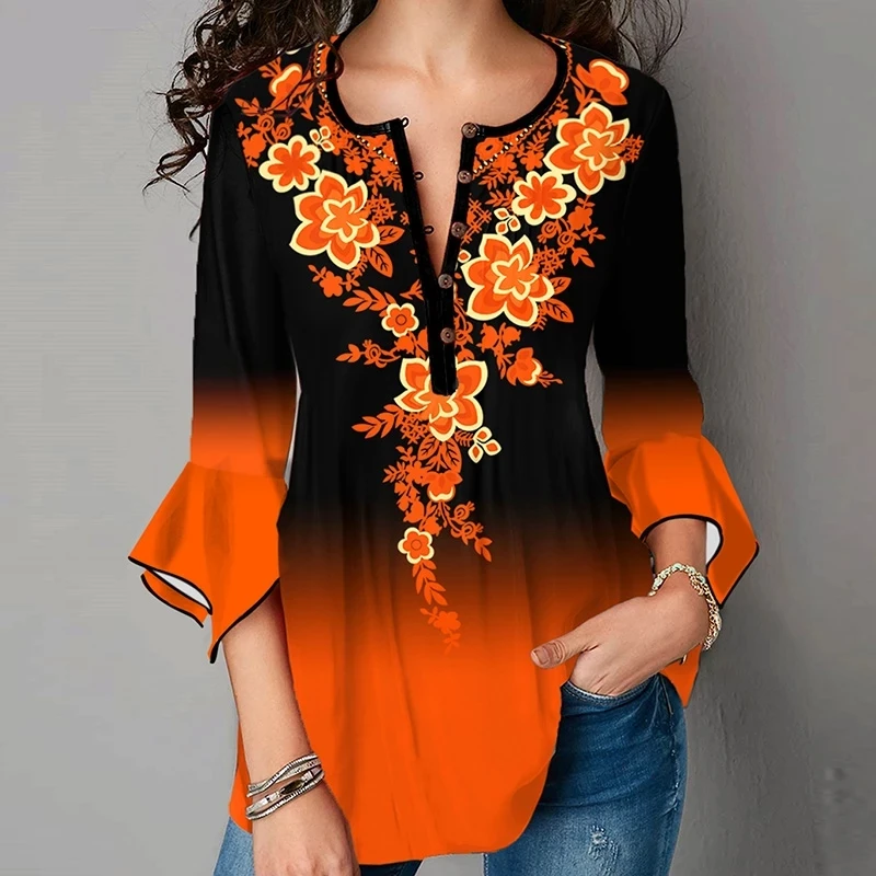 

2022 Three Quarter Sleeve Vintage Shirt Elegant Women V-Neck Tops Casual Print Pullover Blusa 5XL топ женский Рубашки