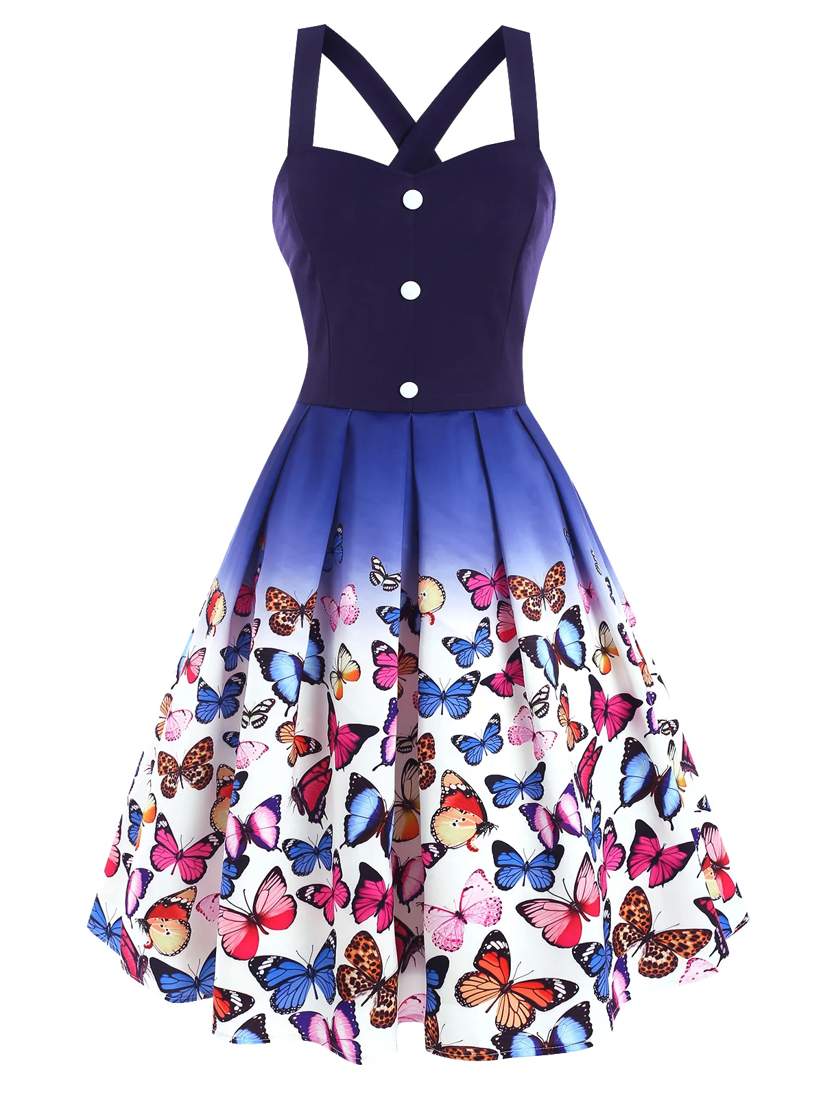 

Elegant Vintage Knee Length Robe Ombre Backless Butterfly Print Mock Button Vestidos Criss Cross Sweetheart Sleeveless Dress