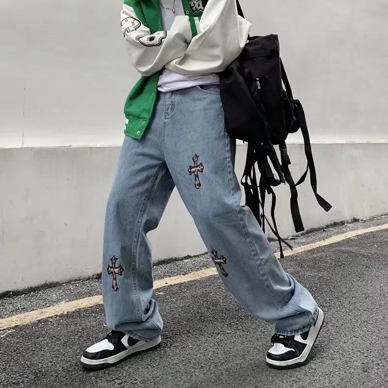 Streetwear Korean Fashion Clothes Cross Applique Jeans Men'S  High Waist Y2k Straight Baggy Pants Casual Denim Trousers Unisex