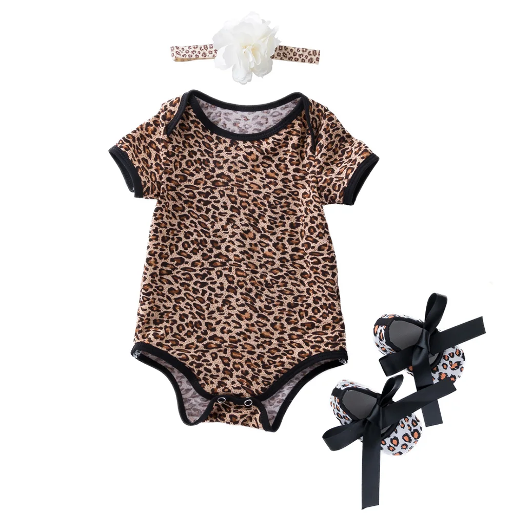 Conjunto de ropa para recién nacido, Pelele con lazo, pantalones de leopardo y rosas, 3 piezas