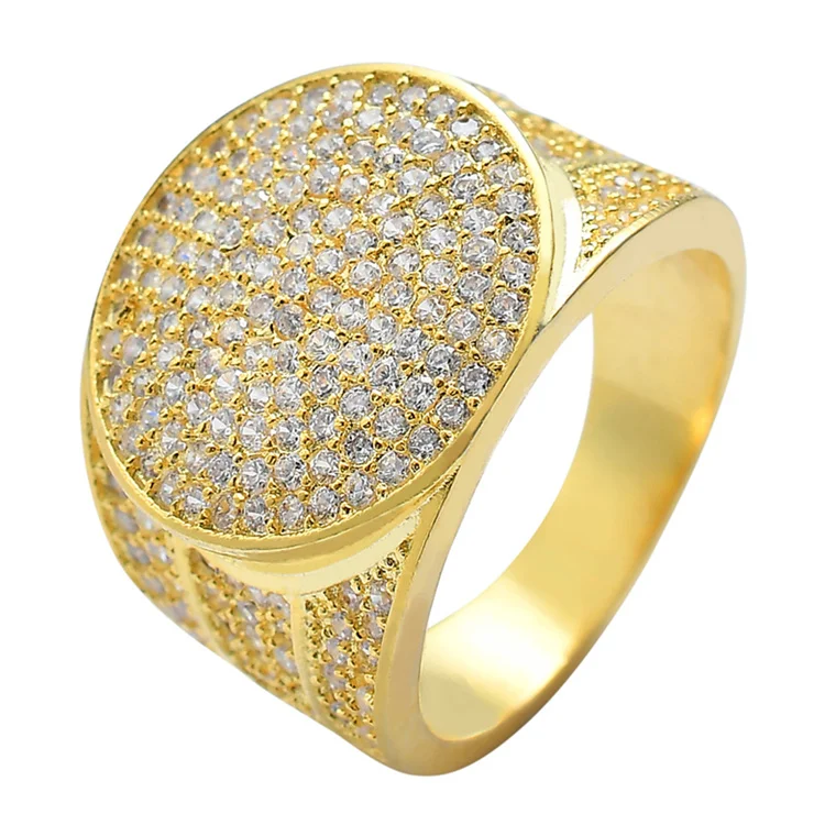 

Новинка 2022, Европейское и американское позолоченное циркониевое Золотое кольцо 18 карат в стиле хип-хоп, мужское круглое кольцо