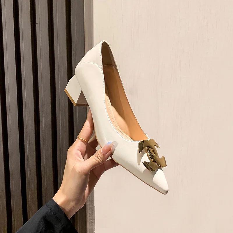 

5cm Fashion New Thick Low Heels Soft Leather Pumps Pointed Toe Matel Button Ladies Dress Beige Shoes for Women 41 42 43