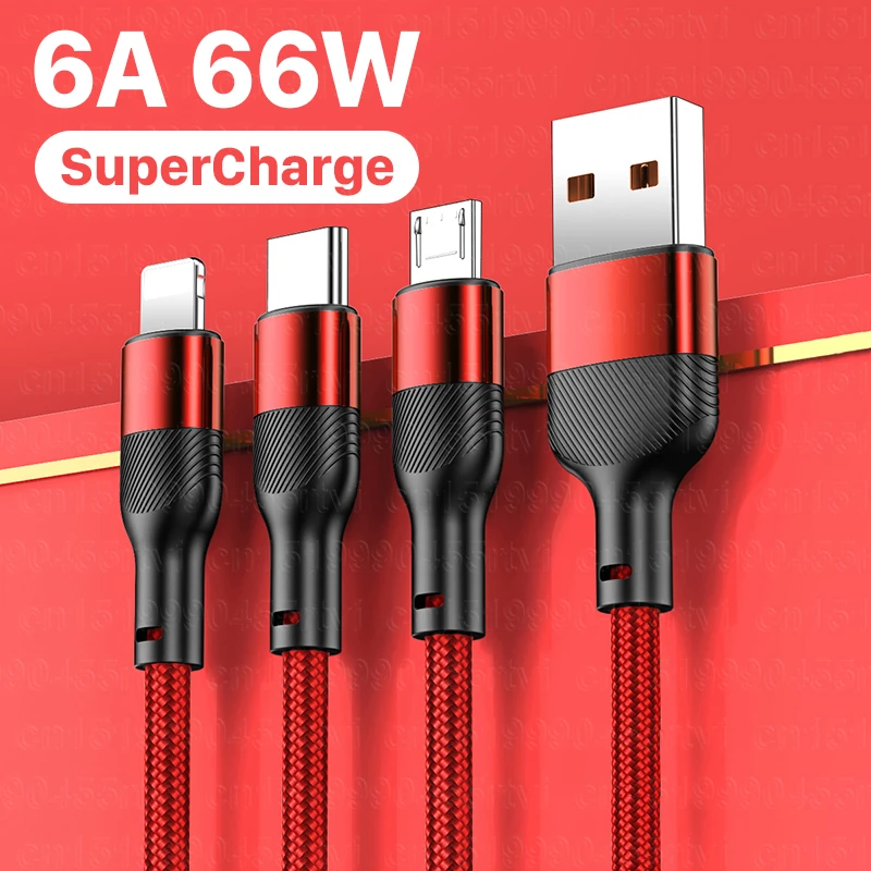 

3 in 1 USB C Cable 6A 66W for Huawei P40 Mobile Phones Fast Charging Cable Micro USB Type C Cable For iPhone Samsung POCO F3 F4