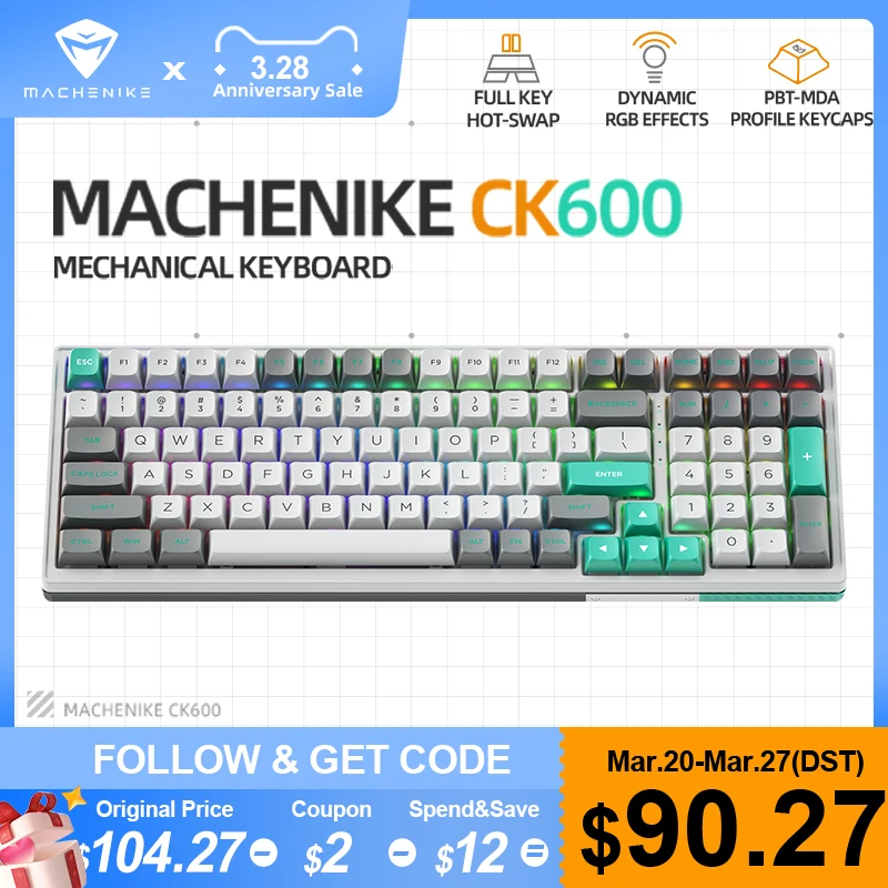 Клавиатура Machenike CK600 Механическая с 100 клавишами, трехрежимная клавиатура RGB с горячей заменой, с фильтром CSA, беспроводная клавиатура с колпа...