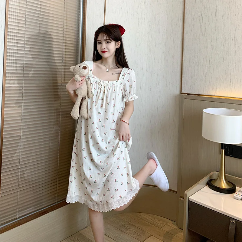 Solid Floral Sweets Summer Pajamas For Young Women 2023 Short Sleeve Lace Thin Sleepwear Square Collar Long Length Nightdress