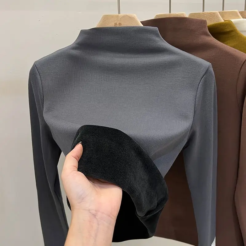 

New Autumn Winter Women's T-shirt Elegant Solid Color Long-sleeved Pullover Half High Collar Stitching Bottom Shirt T424