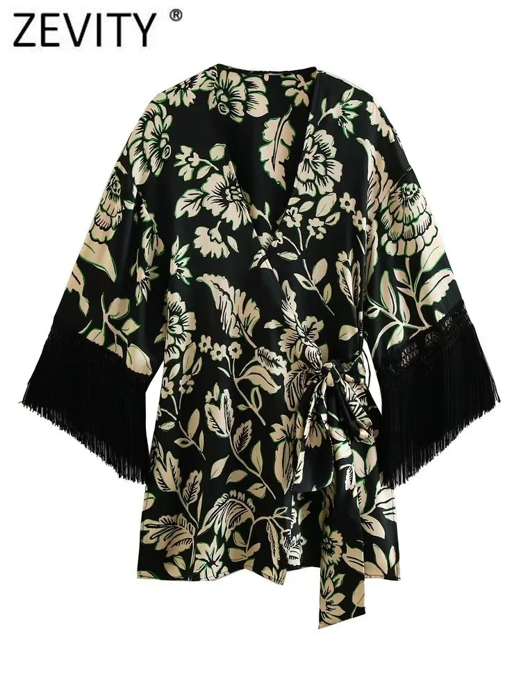 

Zevity Women Fashion Cross V Neck Floral Print Bow Tie Kimono Smock Blouse Female Chic Tassel Stitching Shirt Blusas Tops LS3890