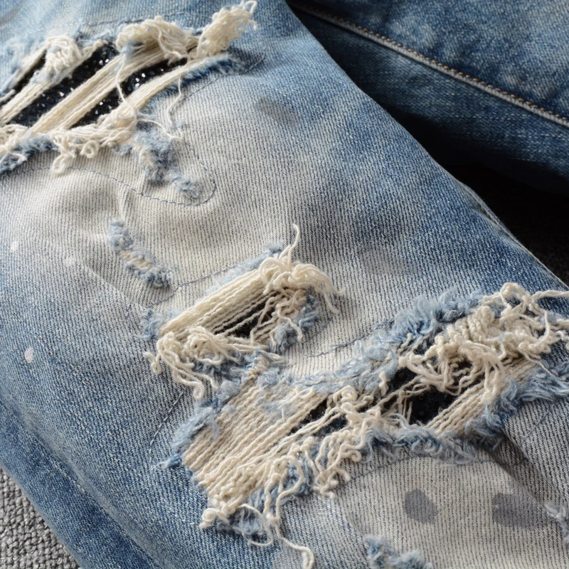 Джинсы мужские рваные в стиле ретро модные штаны High Street Стрейчевые брюки-скинни с