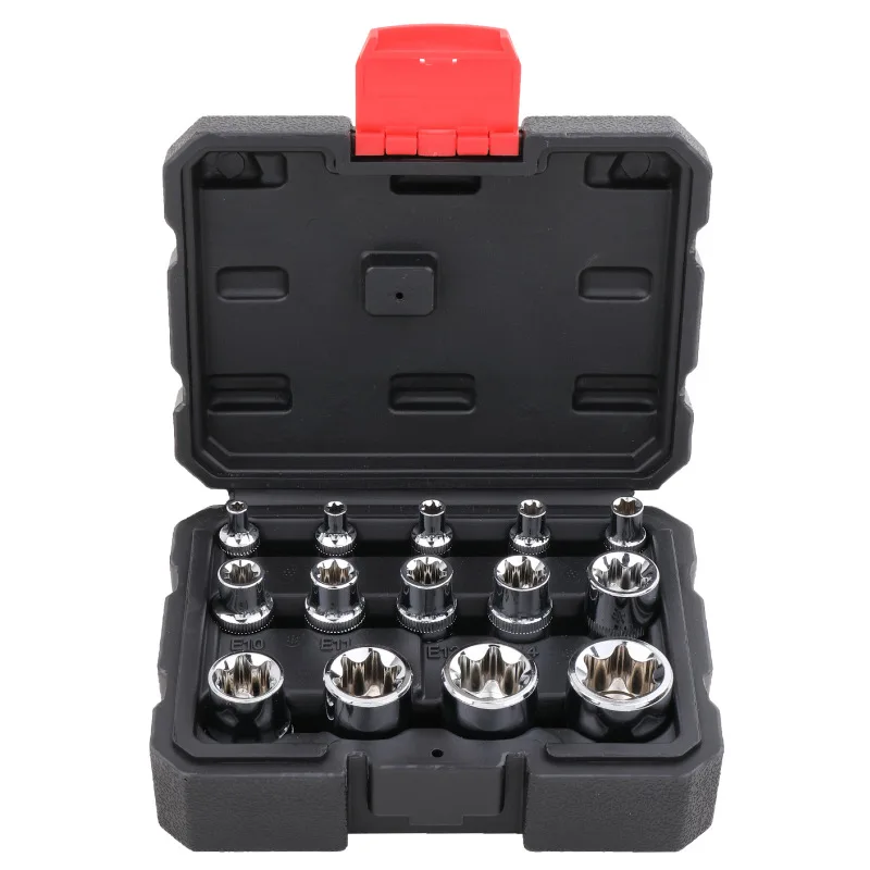 

1/4 3/8 1/2 E Torx Star Socket Set Blossom Sleeve Female E-type Socket Wrench Head E4 To E24 Auto Repair Tools With Storage Box