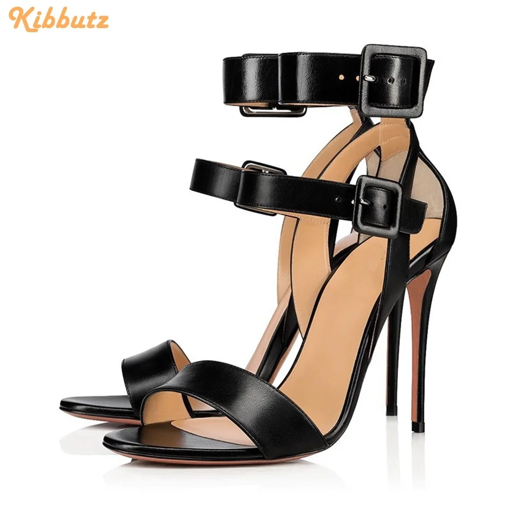 

Black/Nude PU Belt Buckle Sandals Ankle Strap Shine Leather Stiletto High Heels Open Toe Women Fashion Sandals Summer New Shoes