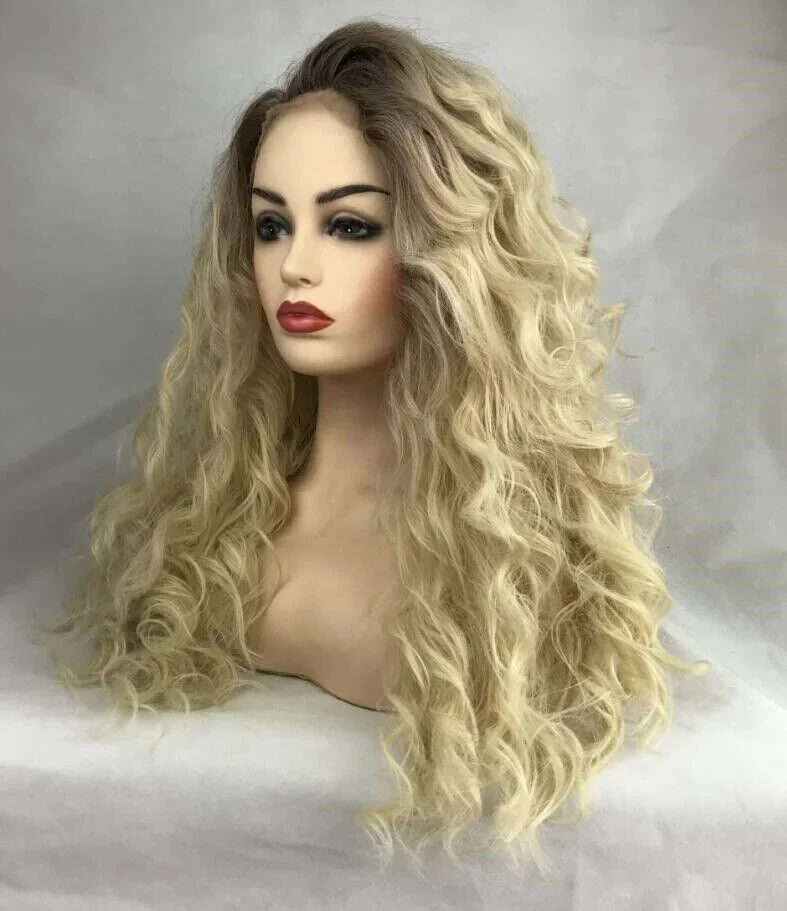 Парик из длинных вьющихся человеческих волос синтетический с темными корнями
