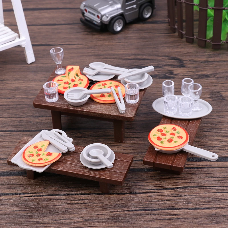 1Set 1:12 Dollhouse Barbecue Table Chair Pizza Fork Spoon Cup Tray Model Kitchen Accessories For Doll House Decor Kids Play Toys