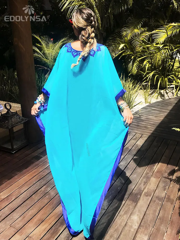 2022 Plus Size Blue Embroidered Summer Beachwear Chiffon Kaftan Beach Woman Tunic Bath Dress Robe plage Swim Wear Cover Up #Q746 | Женская