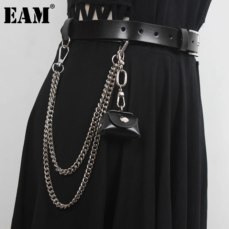 [EAM]  Pu Leather Black Metal Chain Mini-bag Belt Personality Women New Fashion Tide All-match Spring Autumn 2023 1DD8429