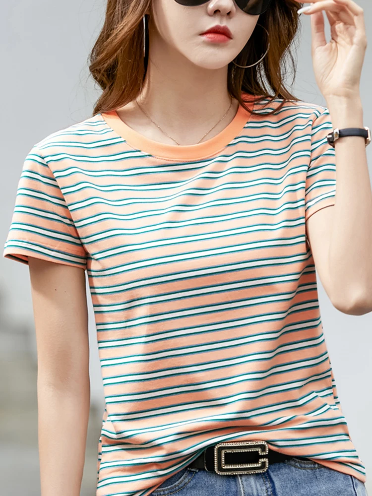 

O-Neck Tshirts Female Short Sleeve Basic Fashion Cotton Tops INS 2022 Summer Blue Pink Striped T-Shirts Women