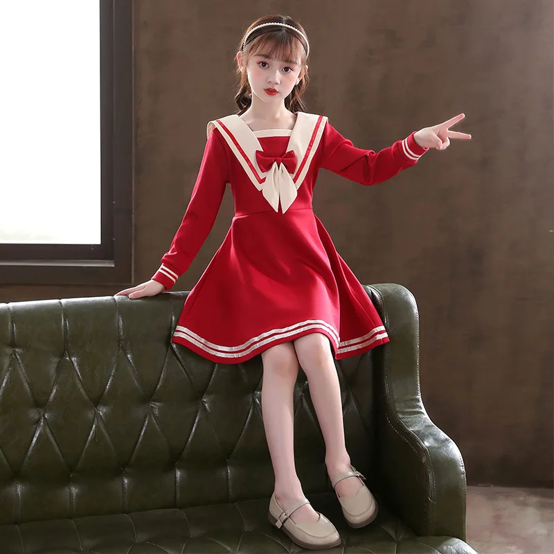 

Children clothes from 3-12 yrs girls dresses Autumn Winter teen Sailor Collar Knit dress for Girl clothes Kids teens costume