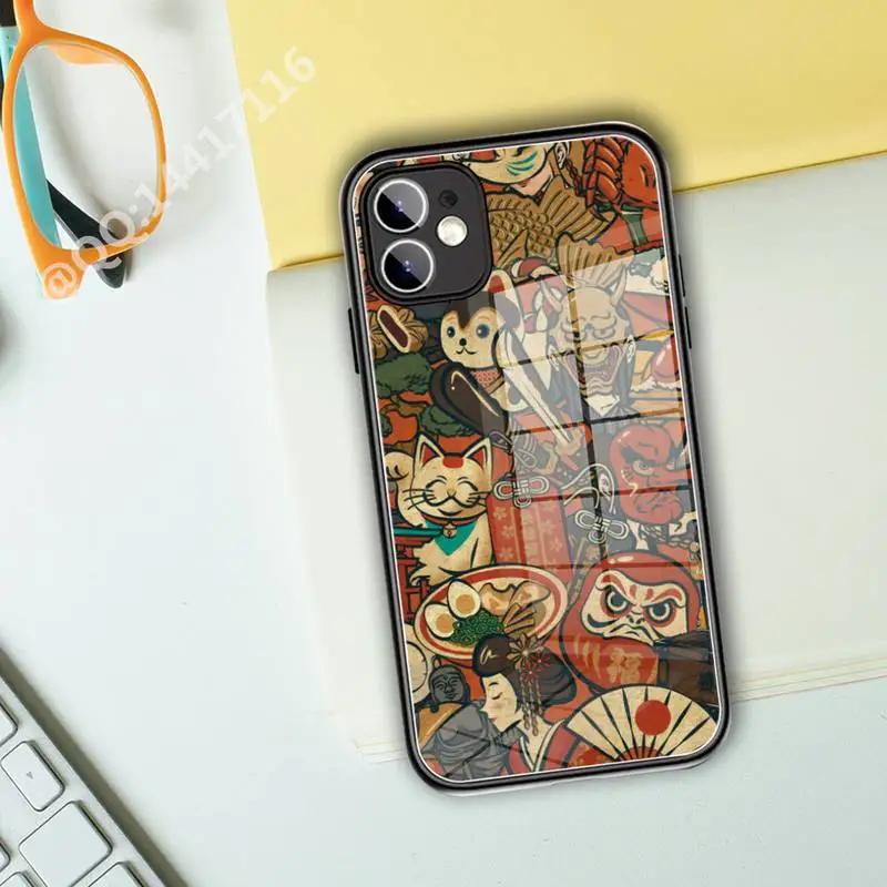 Японский стиль искусства Японии Чехол для телефона из закаленного стекла для iPhone 13 11 Pro XR XS MAX 8 X 7 Plus 12 Mini телефон Полное покрытие.