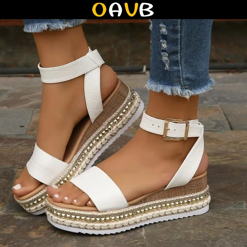 

OAVB Women Sandals Flats Shoes Summer Fashion Buckle Strap Hemp Wedges Platform Peep Toe Breathable Sandals Plus Size 35-43
