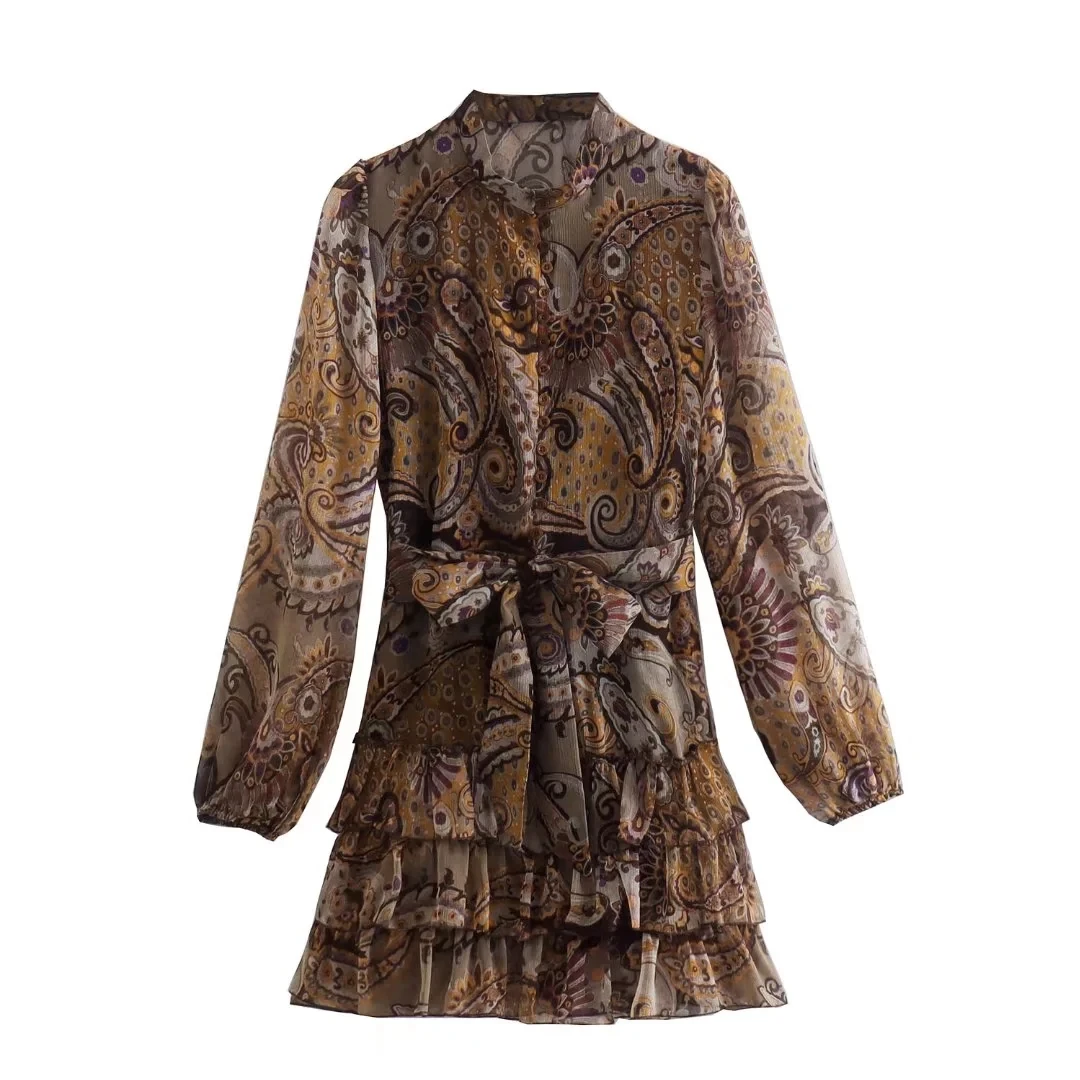 

XITIMEAO Women Fashion With Belt Paisley Print Mini Dress Vintage Long Sleeve Ruffled Hem Female Dresses Vestidos Mujer