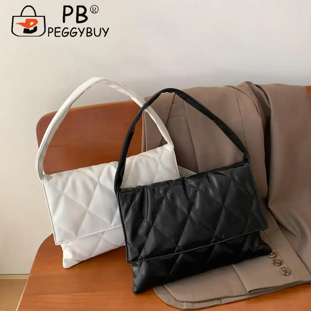 

Fashion Women Diamond Lattice Pattern Shoulder Underarm Bag Portable Soft PU Leather Embroidery Thread Zipper Flap Handbags