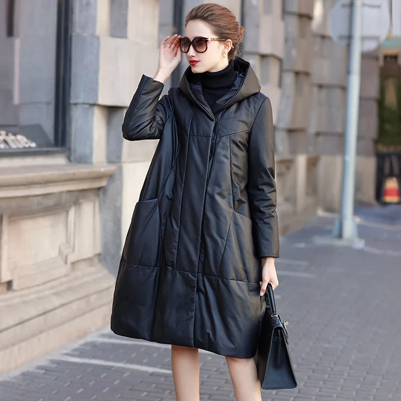 Женский пуховик из натуральной кожи средней длины овчины новинка зимы 2023