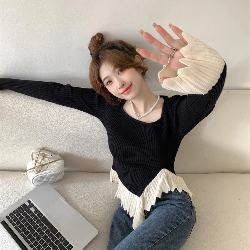 Пуловеры с квадратным воротником женские дизайнерские оборки шикарные