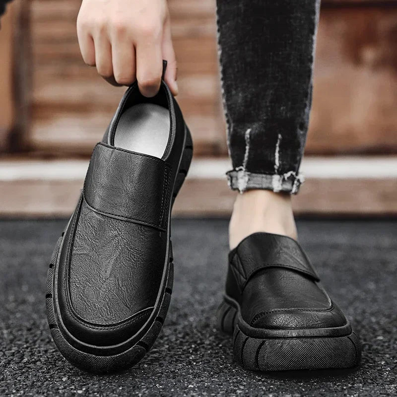 

Мужские кожаные кроссовки без шнуровки, плоская подошва, повседневные прогулочные туфли, круглый носок, на платформе, для улицы, осень