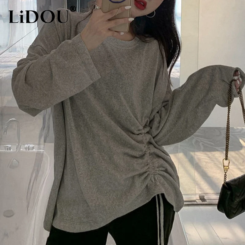

2023 Spring Summer New Round Neck Solid Color Long Sleeve Drawstring T-shirt Women Korean Style Fashion Loose Shirring Pullovers