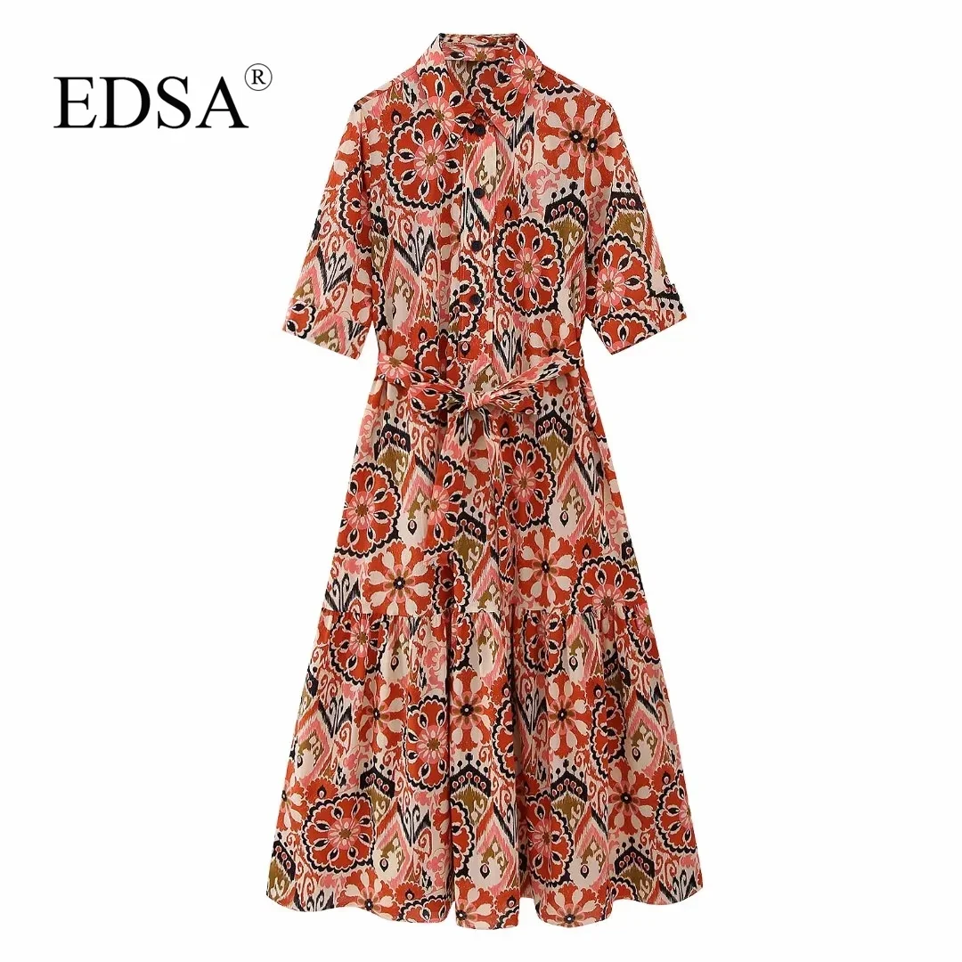 

Женское винтажное платье средней длины EDSA, розовое Хлопковое платье с принтом и поясом, с длинными рукавами, воротником с лацканами и пуговицами спереди, уличная одежда, лето 2023