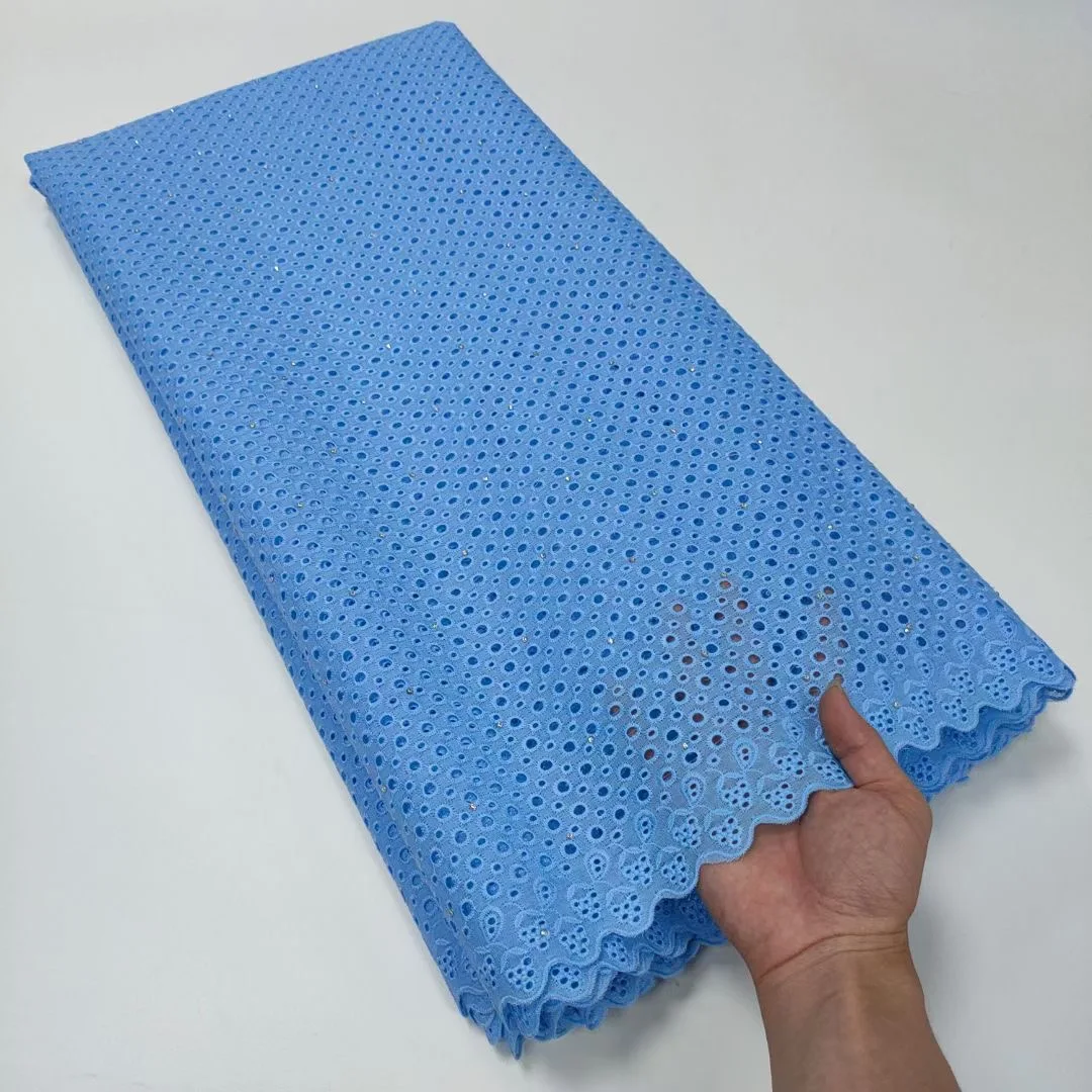 

African Latest Sky Blue Punch Polished Cotton Lace High Quality Swiss Voile 5 Yards Fabric Men For Women Traditional Wear Sew