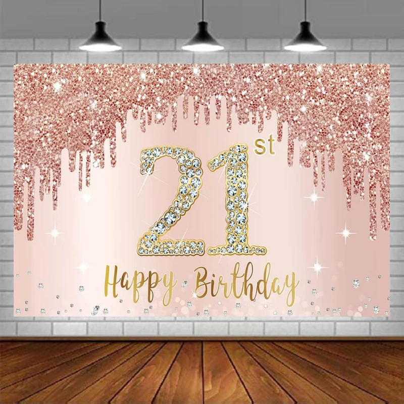 

Photography Backdrop For Girls Rose Gold Sign Supplies Pink Happy 20 Year Old 20th Birthday Party Poster Background Banner Decor