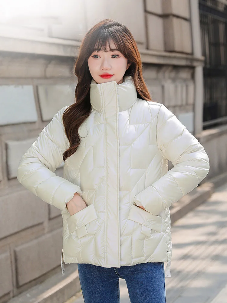 2022 Winter Jacket Women Short Womens Parkas Thicken Outerwear Solid Coats Shiny Female Slim Cotton Padded Basic Tops
