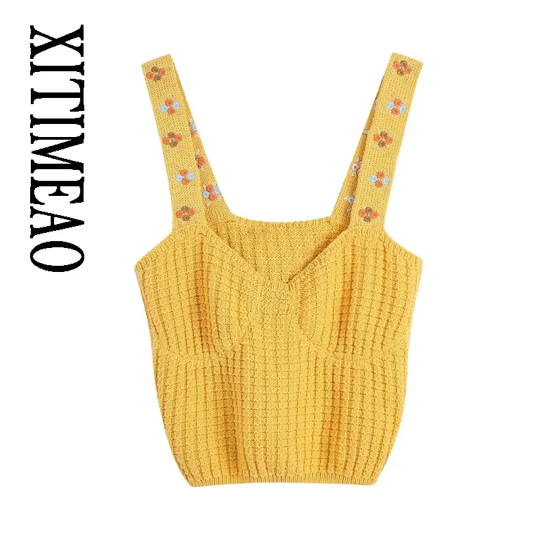 

XITIMEAO 2022 Women's Summer New Flower Embroidered Knitted Top Fashion Slim Suspenders Temperament Age-reducing Short Vest