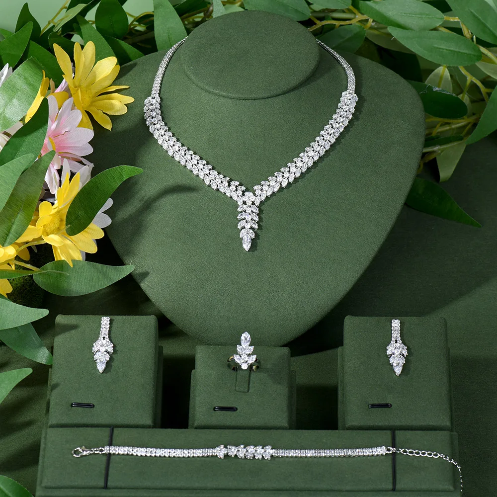 

NAIKELISI Europen CZ Paved 4 Pcs Women Wedding Banquet Necklace Earrings Bracelet Ring Bridal Jewelry Sets for Party Wear N-13