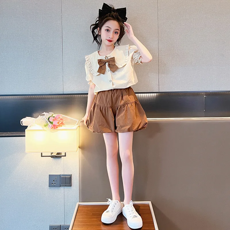 

Girls Suit Summer Children's Clothes Bow Doll Collar Short Sleeved Shirt + Lantern Shorts 2pcs Kids Sets Casual Teen Tracksuit