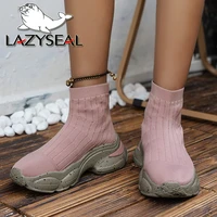lazyseal autumn new socks shoes 5cm chunky heel stretch fabric women ankle boots round toe casual knitted short platform booties
