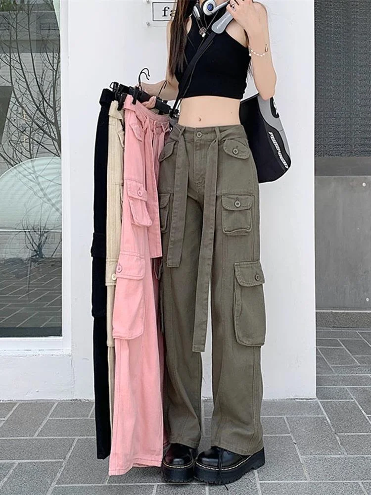 

Vintage Chic Multiple Pockets Cargo Pants Summer High Waist Lace Up Pants for Women E-Girl Loose Straight Wide Leg Trousers