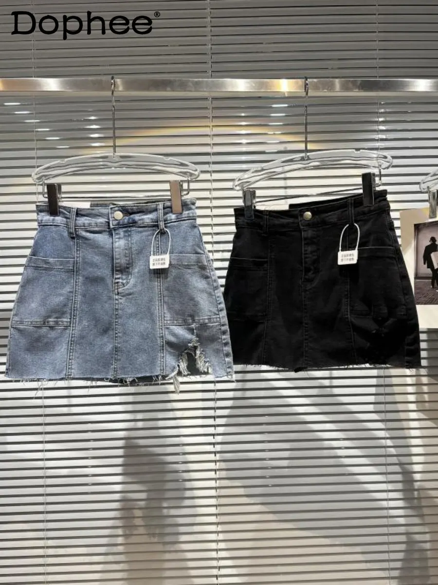 

2023 Spring New Hot Girl Irregular Burrs Short Denim Skirt Female Distressed Design Wash Mini Jean Skirt for Women High Street