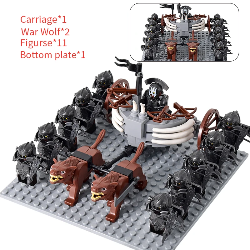 MOC Medieval lotr Figures Orc Soldiers Raider Vargr Wolf Chariot Orcus Uruk-hai Knights Building Blocks Bricks Kids Toys gifts