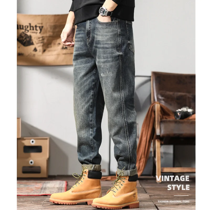 Men Clothing Pattern Vintage Recreational Blue Pants Straight Cylinder Comfortable Loose Jeans Autumn and Winter Female 2022 New