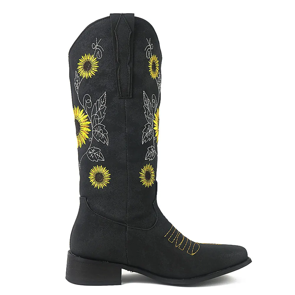 

Gnazhee 2022 Women's Sun Flowers Embroidery Comfy Walk Retro Western Boots Cowboy Cowgirls Mid Calf Boots Shoes
